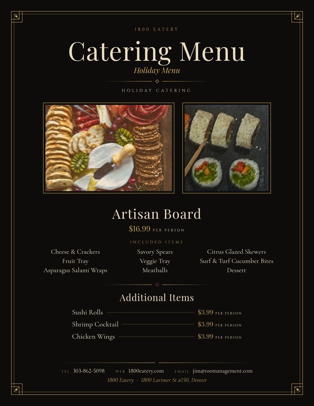 1800 Eatery Holiday Catering Menu flyer